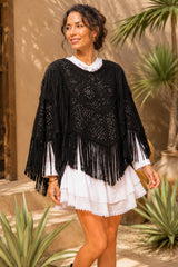 Boho Fringe Cape – Black