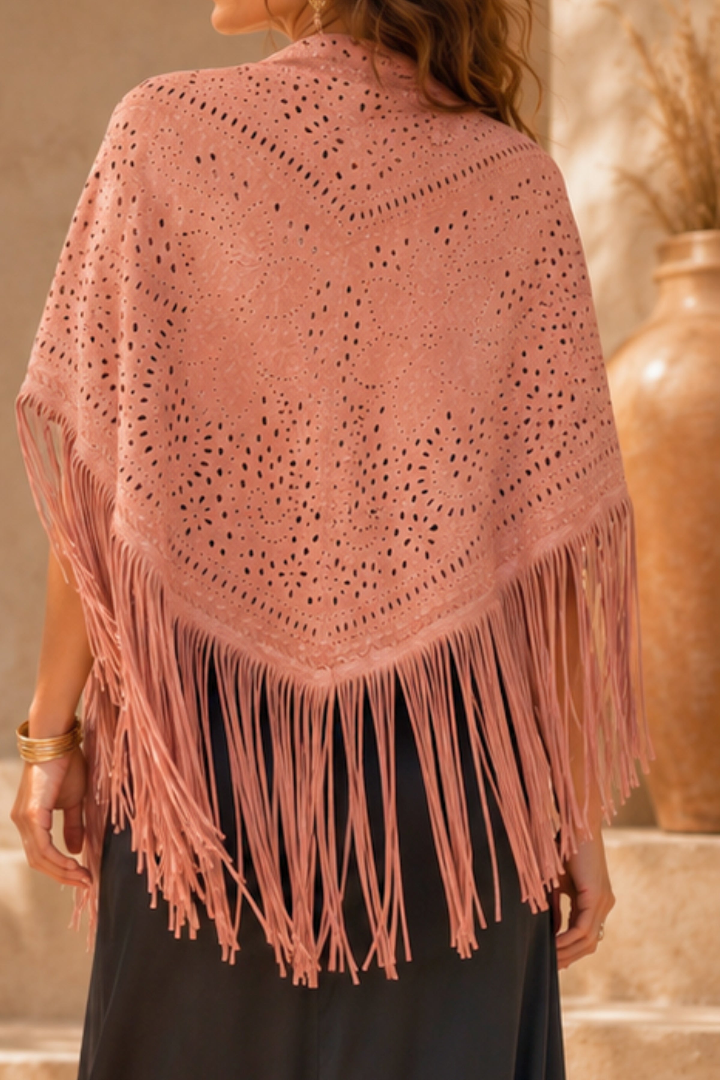 Boho Luxe Leather Shawl – Blush Rose