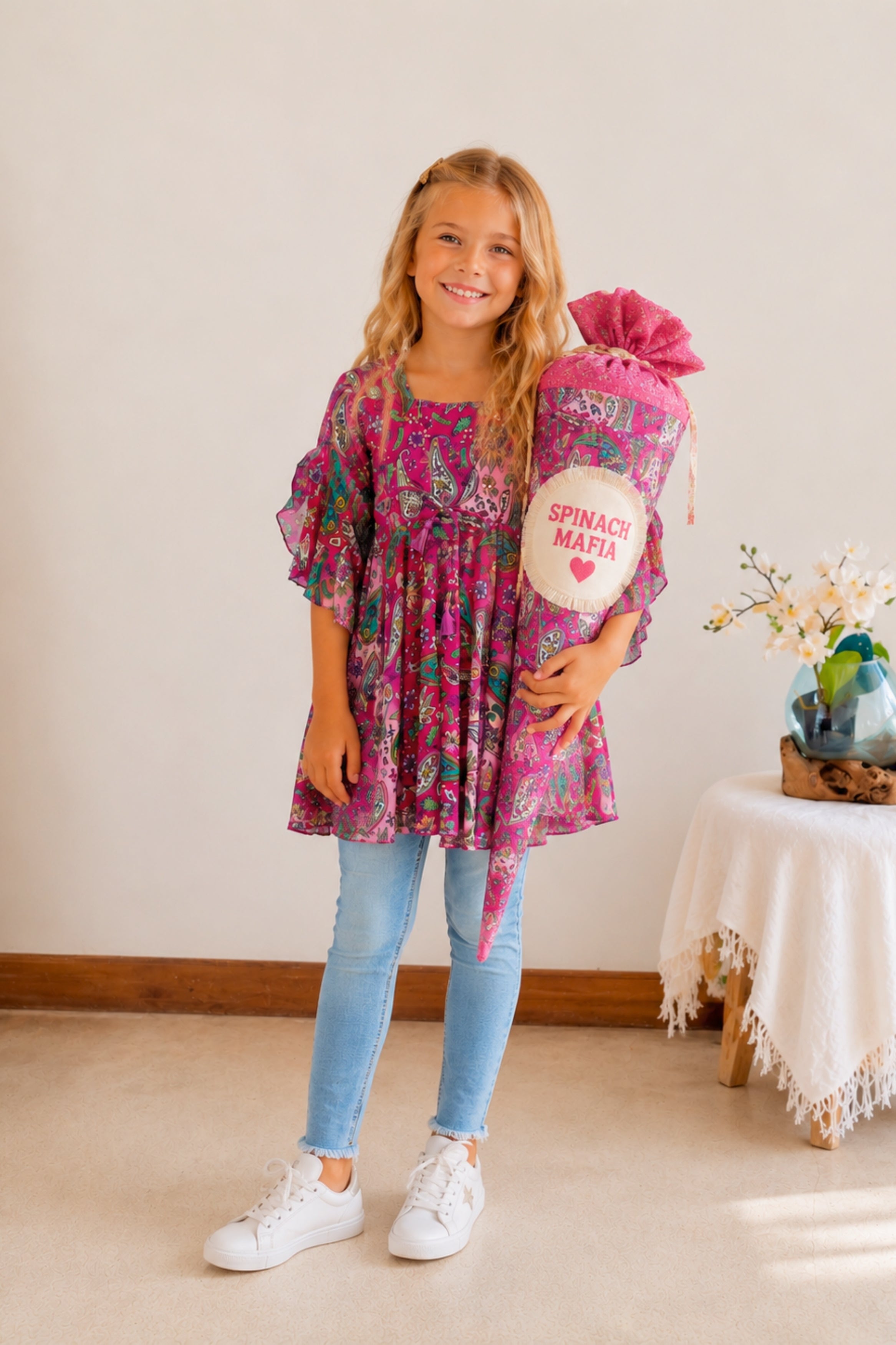 🌸 BACK TO SCHOOL KLEID – PINK PAISLEY GRÖSSE 6- 8 JAHRE