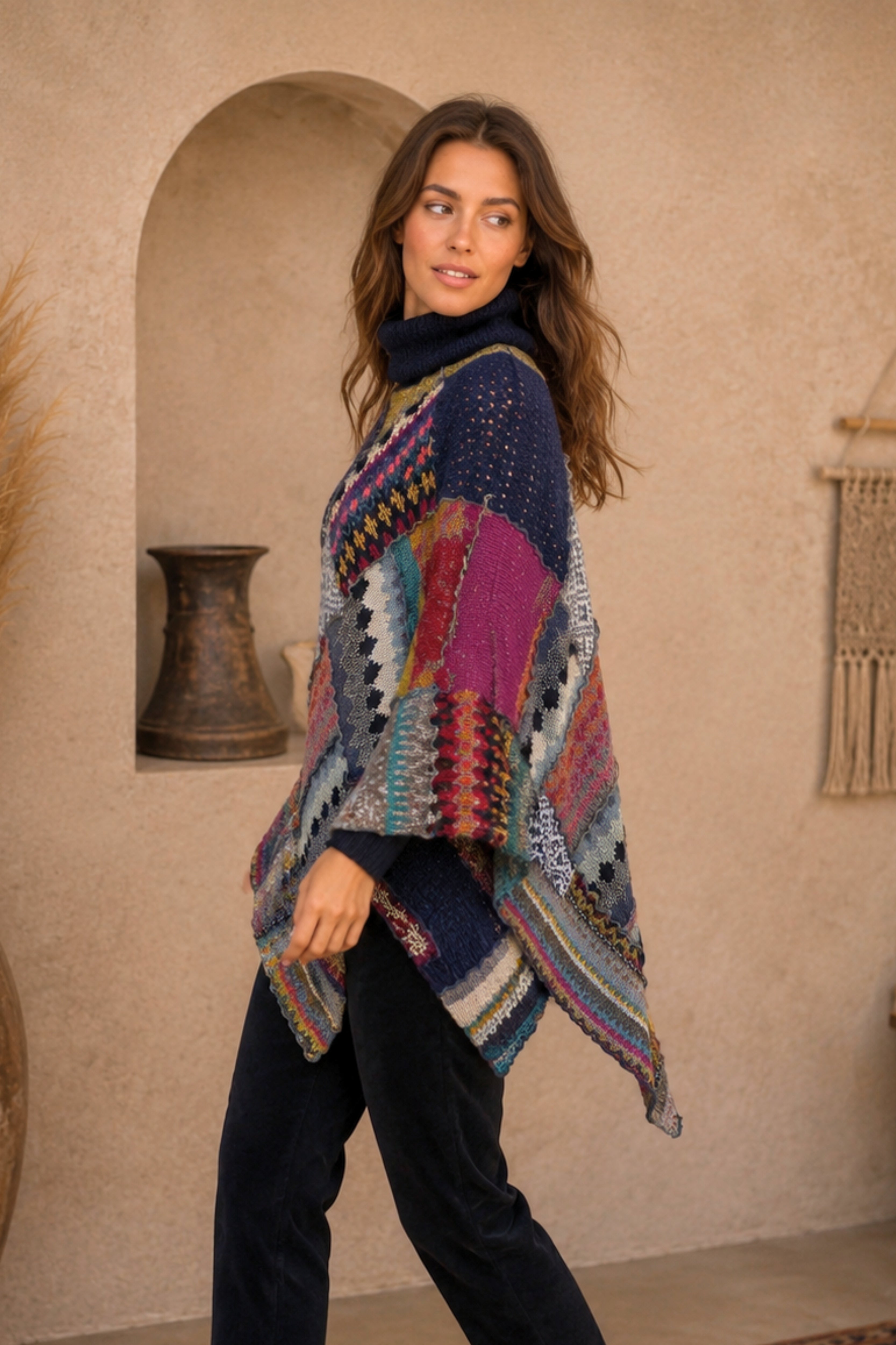 Boho Patchwork Knit Poncho