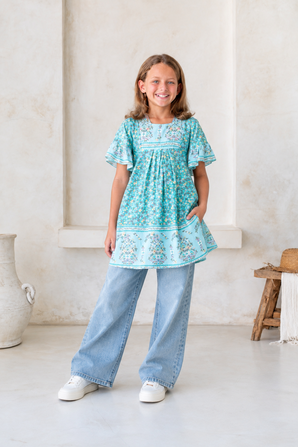 🌸 BACK TO SCHOOL KLEID – BLUE FLOWER GRÖSSE 6- 8 JAHRE
